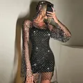 Close-up of sexy rhinestone mesh hooded bodycon dress with sparkling details - XS / Black