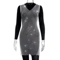 Detail view of sparkling silver rhinestone mesh V-neck short dress overlay on mannequin - XS / Tops / White