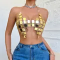 Sexy golden acrylic patchwork halter top with open back and linked square pieces - XS / Tops / Gold