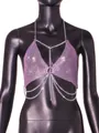 Detailansicht des lila Strass-Mesh-Chain-Tops mit Schmetterlingsdesign und Silberketten - XS / Oberteile / Lila AB