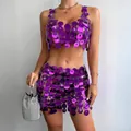 Conjunto de dos piezas de lentejuelas de metal púrpura hecho a mano con top y falda - XS / Tops / Púrpura