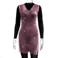 Glamorous pink rhinestone mesh V-neck mini dress featuring a sparkly fishnet hollow design - XS / Tops / Pink