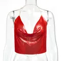 Sexy red metallic sequin halter top with backless cowl neck and thin chain straps - XS / Tops / Red