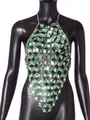 Close-up of green acrylic gemstones and silver chain on a sexy backless body vest - One Size / Tops / Green
