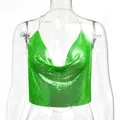 Sexy green metal sequin halter top backless chain neck crop camisole for women. - XS / Tops / Green