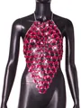 Close-up of pink faceted acrylic gems on a metallic halter body chain vest - One Size / Tops / Rose Red