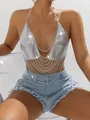 Sexy silver sequin tassel body chain bikini bra for nightclub and summer party wear - One Size / Silver