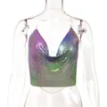 Top sexy olografico iridescente con paillettes metalliche e scollo all'americana - Cangiante