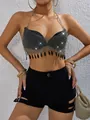 Close-up detail of black halter crop top with sparkling rhinestones and leaf sequins - XS / Tops / Black