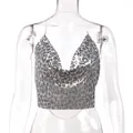 Sexy top a cavezza in paillettes metalliche argento con scollo a cappuccio e schiena nuda - Leopardo Argento