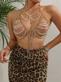 Top sexy elegante da donna con catena di perle e dettagli nappa in oro per feste - Taglia unica / Top / Bianco