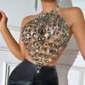 Sexy silver backless halter metal chain vest decorated with sparkling acrylic faceted grey gems - One Size / Tops / Gray