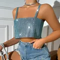 Detail view of a sexy light blue rhinestone mesh camisole top with a glittering party style - XS / Tops / Sky Blue