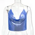 Top sexy con paillettes blu reale con scollo all'americana e catene in metallo da donna - Blu zaffiro