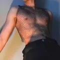 Sexy men's rhinestone mesh vest for nightclub performance, sheer black fishnet crop top. - One Size / Tops / 57cm Length / Black
