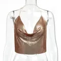 Top corto sexy con paillettes metalliche oro rosa e design con schiena scoperta - Caffè