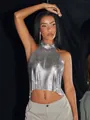 Detail view of sparkly silver metallic sequin halter top perfect for nightclub and party wear - XS / Tops / Silver