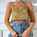 Detailed close-up of a sexy gold rhinestone fishnet camisole crop top for women - XS / Tops / Gold