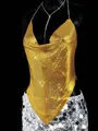 Detailed view of glamorous golden metallic sequin halter top with deep V-neck and chains - XS / Tops / Gold