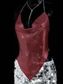 Detailed view of burgundy metallic mesh halter top and silver sequined skirt - XS / Tops / Burgundy