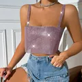 Close-up detail of sexy pink rhinestone fishnet camisole top featuring a square neckline - XS / Tops / Rose Gold