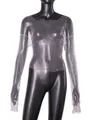 Close-up detail of sexy sparkling rhinestone fishnet long sleeve top for women - XS / Tops / White