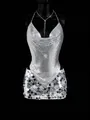 Detailed view of silver metallic mesh halter top and sequined mini skirt on mannequin. - XS / Tops / Silver