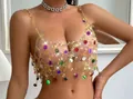 Sexy hollow-out rhinestone body chain set with vibrant colorful sequins for club stage - Tops / Gold