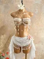 Elegant pearl beaded body chain bra with matching white floral lace wrap skirt set - One Size / Tops / White