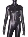 Close-up detail of sexy black fishnet top featuring sparkling colorful rhinestones - XS / Tops / Black