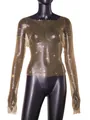 Close-up of a sparkling gold rhinestone fishnet long-sleeve top on a black mannequin - Dyed Gold