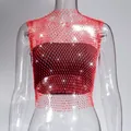 Detailed view of a sexy red fishnet hollow vest decorated with sparkling rhinestones - XS / Top (Round Neck) / Red