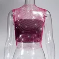 Close-up detail of sparkly pink rhinestone fishnet tank top with hollow-out mesh texture - XS / Tops / Rose Red
