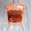 Detail view of a sexy orange rhinestone mesh fishnet tank top with sparkling finish - XS / Top (Round Neck) / Neon Orange