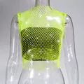 Close-up of sexy lime green fishnet top with sparkling rhinestones for nightclub wear - XS / Top (Round Neck) / Fluorescent Green