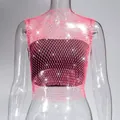 Close-up of pink fishnet mesh crop top with sparkling rhinestone embellishments - XS / Tops / Fluorescent Rose Red