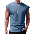 Close-up detail of men's blue ribbed sleeveless t-shirt with loose fit and crew neck - Grey Blue