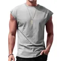 Close-up of gray sleeveless t-shirt featuring a unique ribbed texture and relaxed fit - Light Heather Grey