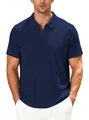Men's navy blue ribbed knit short sleeve polo shirt featuring a classic lapel collar design - S / Tops / Navy Blue