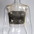 Close-up of gold sparkling rhinestone mesh top with diamond details on mannequin. - XS / Top (Round Neck) / Gold