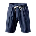 Detailed view of navy blue striped men's breathable linen shorts with drawstring - S / Bottoms / Navy Blue