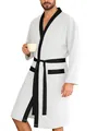 Men's long jacquard bathrobe in light grey with black trim and belt - M / Tops / White