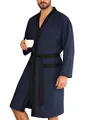 Elegant navy blue men's long jacquard bathrobe with soft texture, black trim and belt - M / Tops / Navy Blue