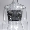 Sexy silver rhinestone fishnet crop top sparkly mesh vest for nightclub party wear - XS / Top (Round Neck) / Silver