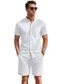 Completo estivo uomo moda camicia a maniche corte e pantaloncini a nido d'ape bianco - Taglia S / Parte Superiore e Parte Inferiore / Bianco