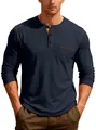 Détail du t-shirt Henley bleu marine à manches longues pour homme avec coutures orange - S / Hauts / Bleu marine