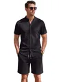 Completo nero da uomo con camicia a maniche corte in tessuto nido d'ape e pantaloncini - Taglia S / Parte Superiore e Parte Inferiore / Nero