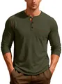 Détail d'un t-shirt Henley à manches longues vert olive avec coutures contrastées - S / Hauts / Vert Armée (DF-16)