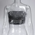 Close-up detail of the sexy silver rhinestone mesh fishnet top for sparkly nightclub wear - XS / Top (V-Neck) / Silver