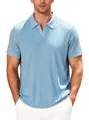 Light blue men's short sleeve polo shirt with vertical ribbed texture and V-neck collar - Light Blue